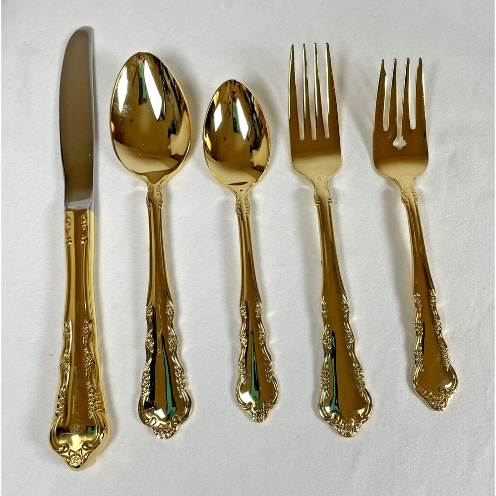1847 Rogers Bros E.P. Korea Gold Plate Flatware 5 Pc Place Setting Spring Flower